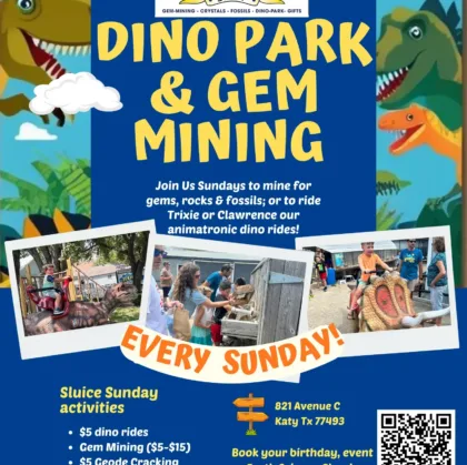 Dino Park & Gem Mining every Sunday at 821 Avenue C. Katy.